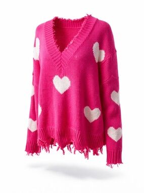 New $58 Main Strip Hot Pink Heart V-Neck Distressed Sweater sz L